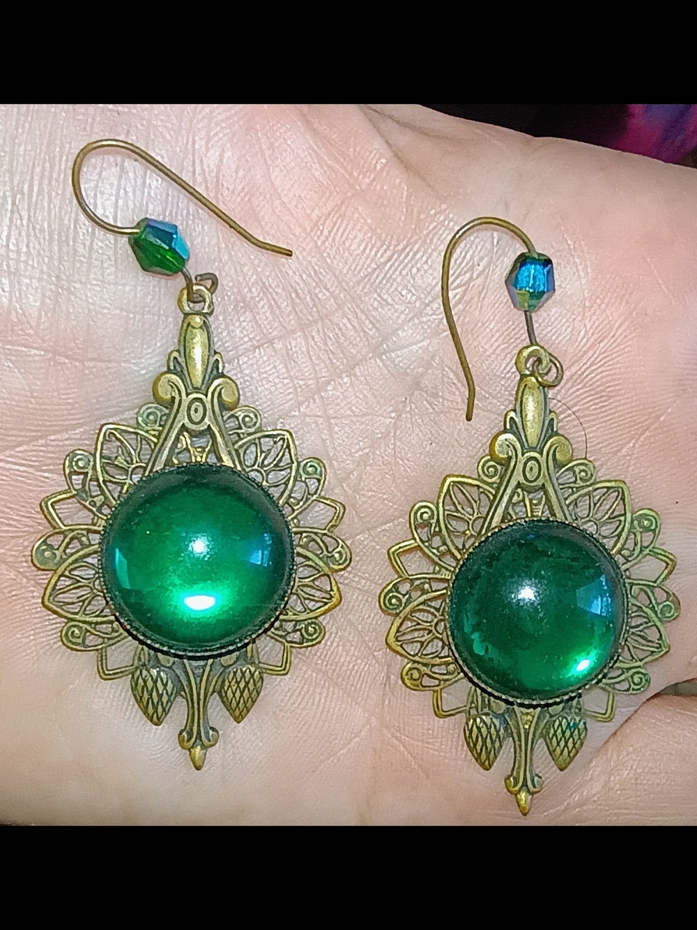 Witchy Gothy Green Glass Cabochon Filigree Drop Earrings